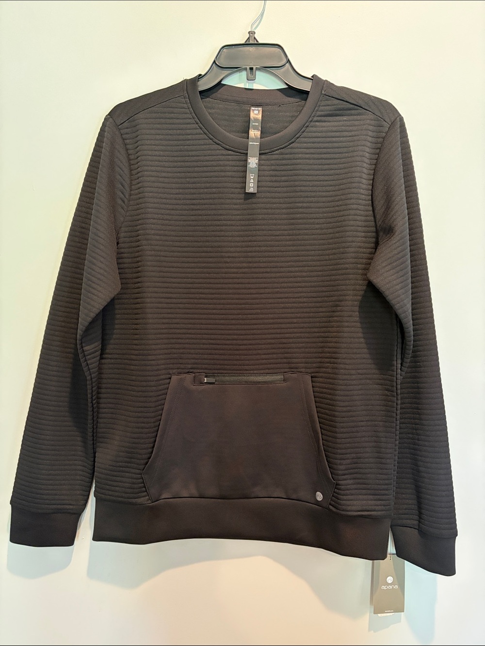 Apana Black Ribbed Crewneck Sweatshirt with Zip Pocket